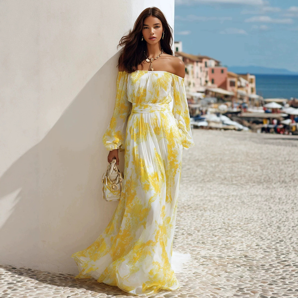 ZARA Shoulder Chiffon Flowy Maxi Dress Yellow White Print Lantern Sleeve